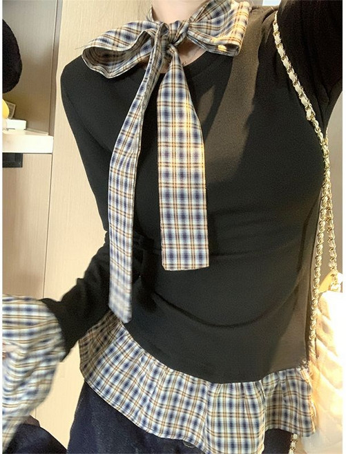 COSYEVNO 여성 스웨터 가을 페이크 투피스 체크 빈티지 슬림핏 캐주얼 심플 긴팔 상의 CXJsy-23