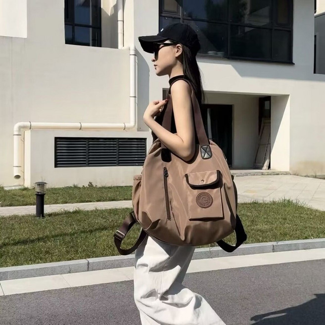 簡約大容量旅行單肩雙肩多功能揹包, 咖色/版+, 咖色
