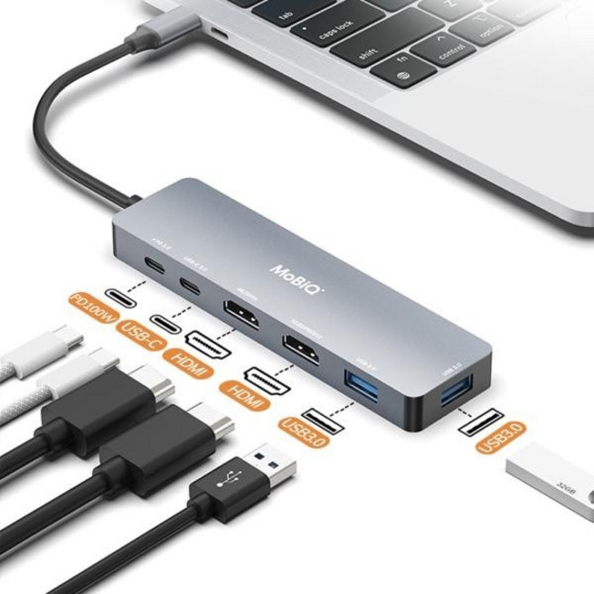 모비큐 C타입 6포트 맥북 2HDMI 듀얼 모니터 4K USB 5G 100W PD 멀티 허브 EM-62HP, 1개, 상세페이지 참조