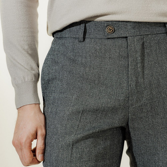 3.9세컨즈 남성용 봄 스퀘어 체크 스트라이프 프리미엄 그레이 브라운 히든밴딩 스판 정장바지 슬랙스