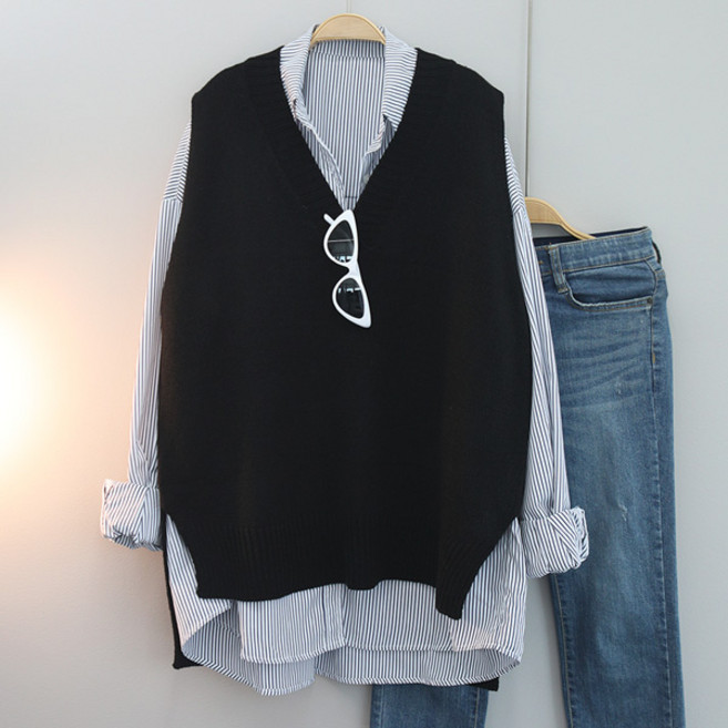 달콩 여성 빅사이즈 봄신상 롱베스트 겹브이넥루즈핏니트롱조끼