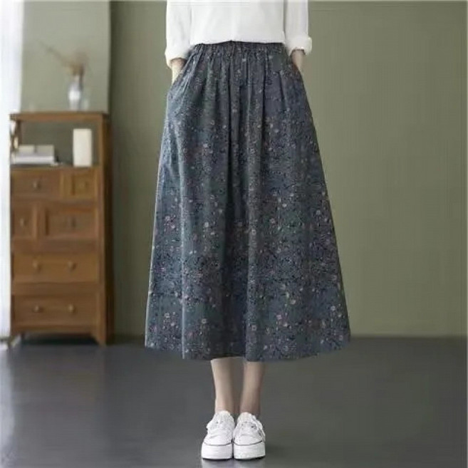 삼제태전 여름 여성 꽃무늬 A라인 미디 스커트 빅사이즈 린넨 치마