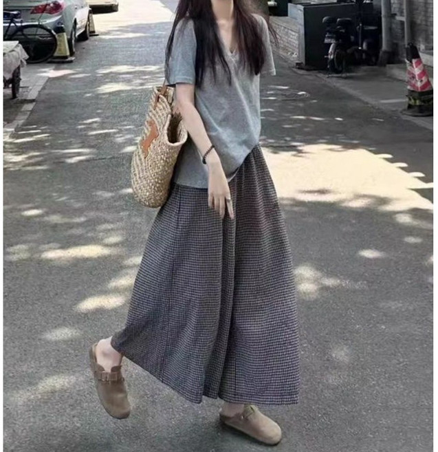 빅사이즈 여성 루즈핏 면 브이넥 반팔티 와이드 린넨 체크무늬 치마바지 상하복 밴딩 팬츠