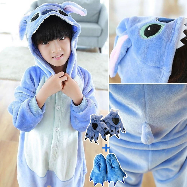 동물잠옷 어린이 공룡 커플 토끼 동물 캐릭터 파자마파티 수면 호랑이 오리 파티, 블루 키즈 신발 장갑 포함