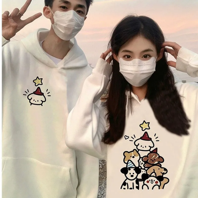 1+1 남성 여성 강아지 프린트 오버핏 커플맨투맨 빅사이즈 후드티 봄 가을 기모