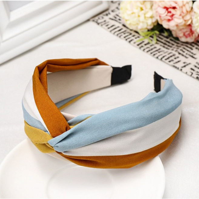 BEAGLE 韓版時尚彩虹布藝交叉打結寬邊髮箍, 1個, 藍棕黃-1個, 藍棕黃