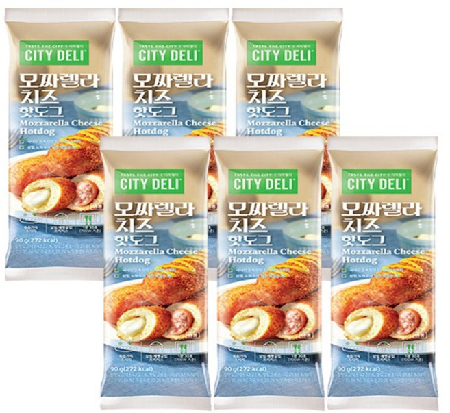 삼립 시티델리 모짜렐라 치즈 핫도그 90g x 6개 / 간식 소시지 냉동핫도그, 80g