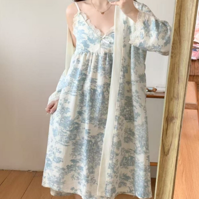 뜨왈 원피스 잠옷 가운 로브 투피스 세트 나시