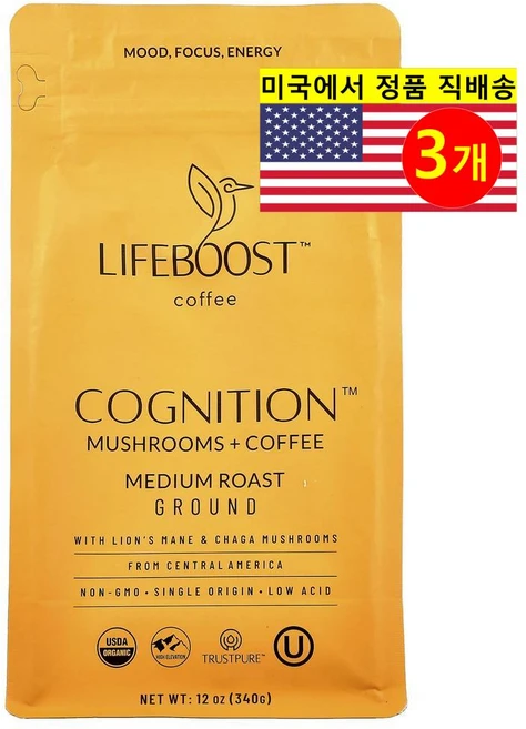 Lifeboost 건강에 좋은 코그니션 버섯 + 커피 그라운드 미디엄 로스트 340g 1개, 3개 - 쿠팡