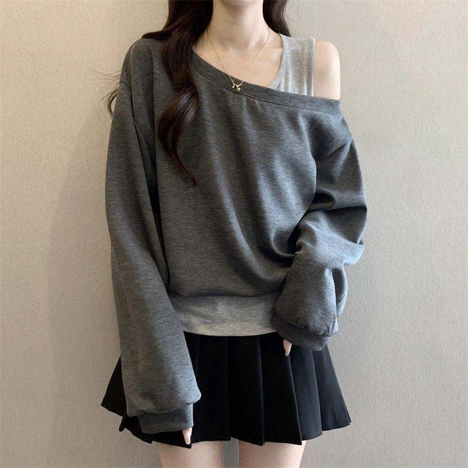 TIMEPURE 여성용 원숄더 긴팔 티셔츠 빅사이즈 페슈도 투피스 숏핏 맨투맨 봄여름 캐주얼 데이트록 오버핏 베이직 슬림핏 상의