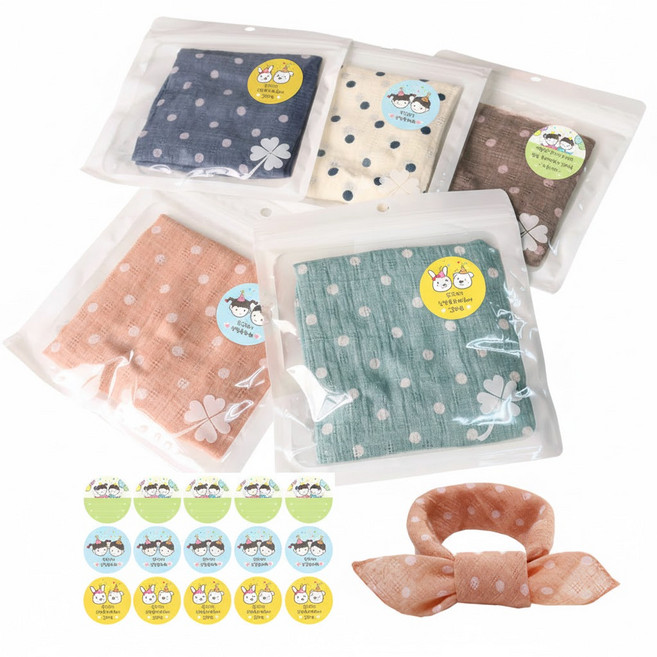 니즈엘 어린이 도트 미니 사각 스카프 5종 세트 구디백 포함 어린이집 유치원 생일선물 답례품