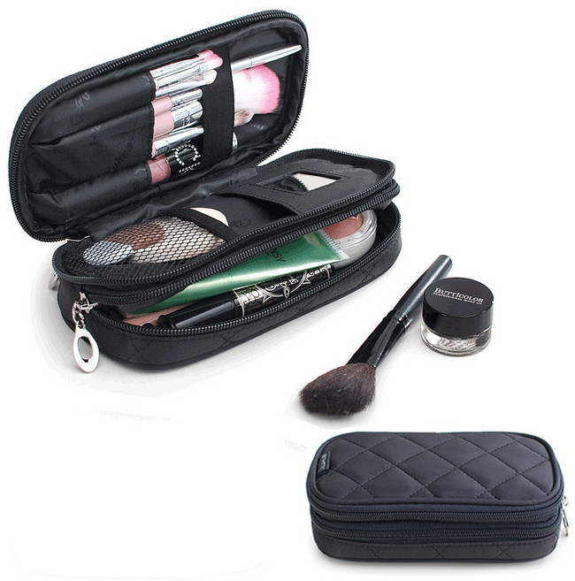 2단 분리 수납 대용량 메이크업 파우치, 1개, 블랙 18cm