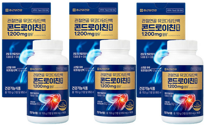 종근당건강 콘드로이친 활력 1200 엄홍길 뮤코다당단백 아이큐샵, 3통, 180정