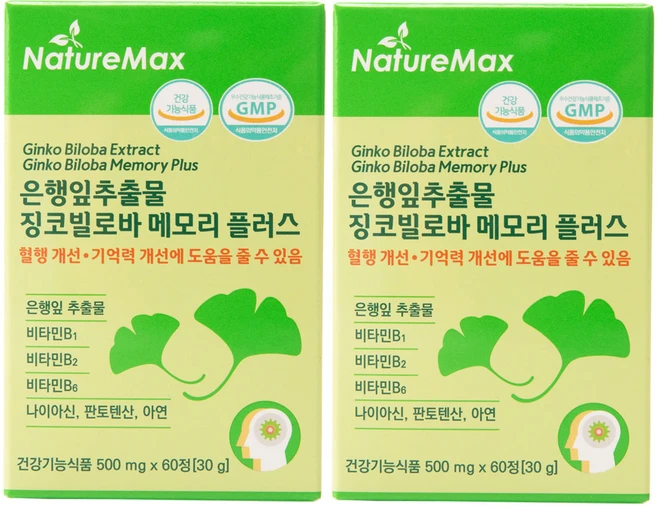 은행잎추출물 징코페놀 징코빌로바 메모리 플러스 기억력개선 혈액순환 혈행개선 (플라보놀 배당체 최대치 36mg) 2개월분 500mg x 60정 (30g), 2개 - 쿠팡