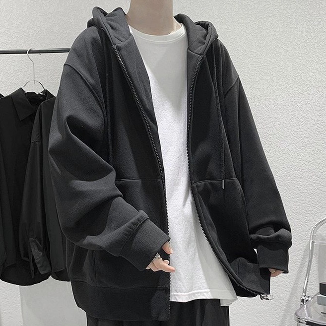 日系素面加絨拉鏈連帽外套 大尺碼情侶款