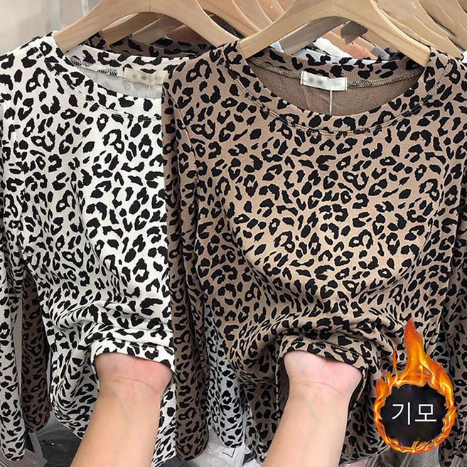 ROYALBELLE 여성 레오파드 프린트 라운드넥 루즈핏 기본 스타일 기모 긴팔 티셔츠 M0121819
