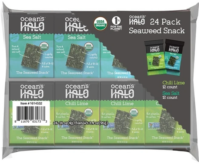 Oceans Halo 유기농 해초 스낵 버라이어티 팩 바다 소금 및 칠리 라임 0.14oz 24ct, 96g, 1개 - 쿠팡