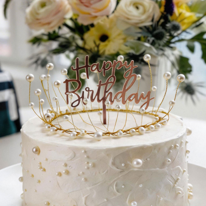 메리블룸 진주 티아라 생일 케이크 토퍼 세트 왕관 장식 6종, 1개, 로즈 골드