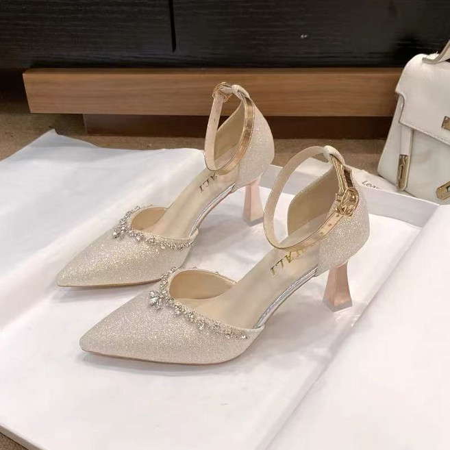 AOKADA 여성 여름 큐빅 유광 스트랩 샌들 발편한 하이힐 5cm 7cm 스틸레토힐 펌프스 여신 구두