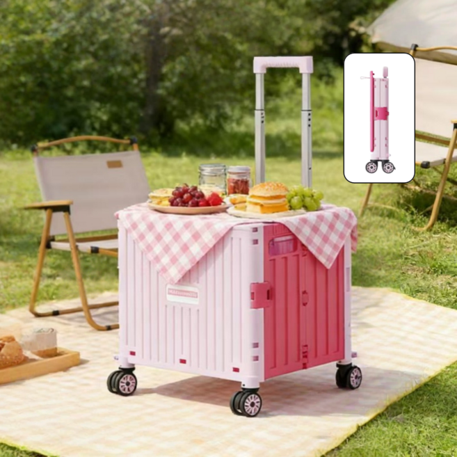 360도 4바퀴 접이식 카트 일체형 슬라이딩 뚜껑 캠핑트레일러 출장 캐리어 쇼핑카트, 핑크, 1개