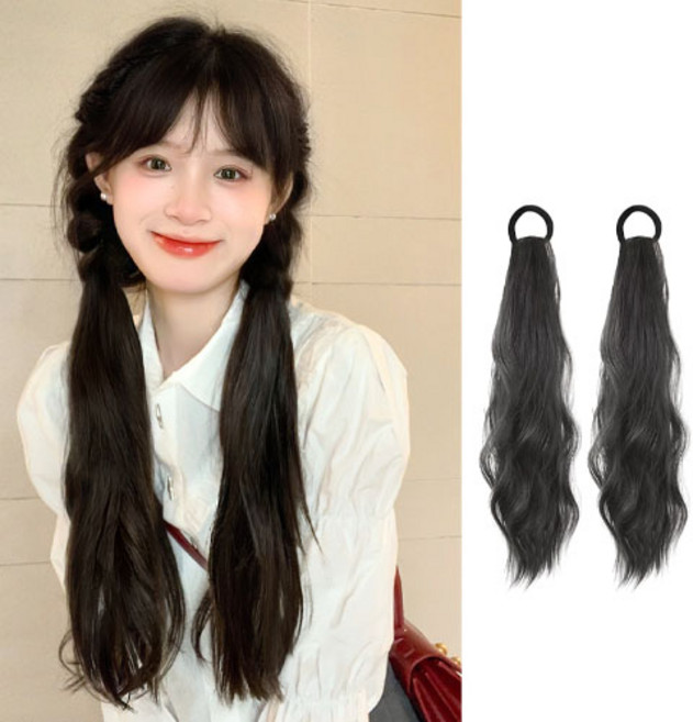 네추럴 웨이브 포니테일 붙임 머리 헤어피스 가발 2P 세트 H121, 블랙, 2개
