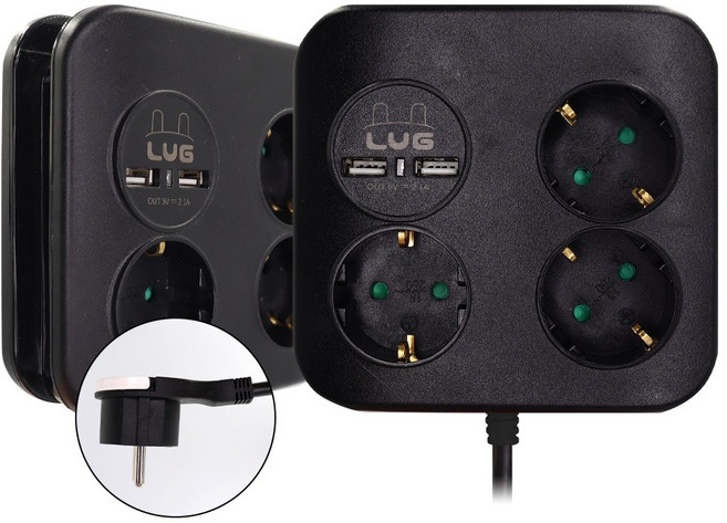 러그박스 사각큐브 3구 USB 2포트 납작멀티탭, 1.4m, 블랙, 1개