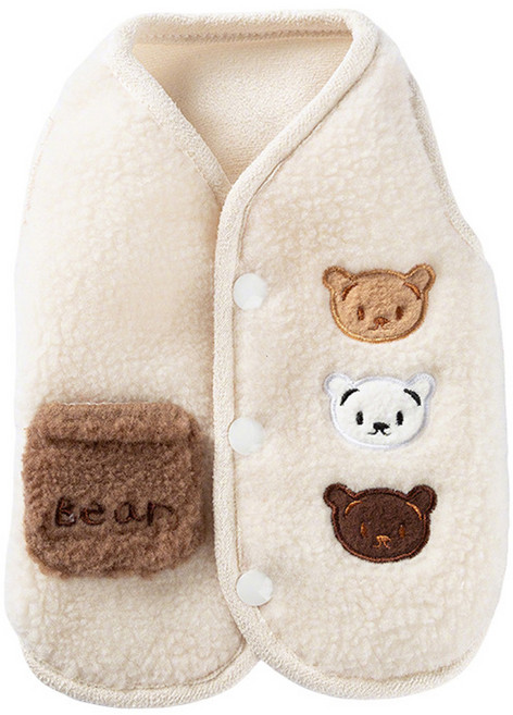 애견 뽀글이 양털 조끼 곰돌이 패치 귀여운 포인트 간편착용 버튼형 강아지옷 봄가을 산책룩, 1개, 베이지