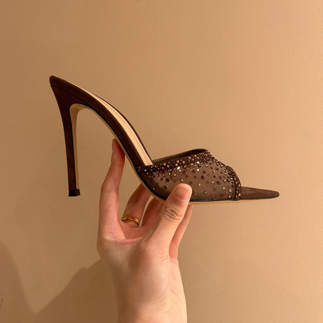 밀슨 시스루 오픈토 뮬 슬리퍼 여성 스틸레토 뾰족코 하이힐 여자 샌들 5CM