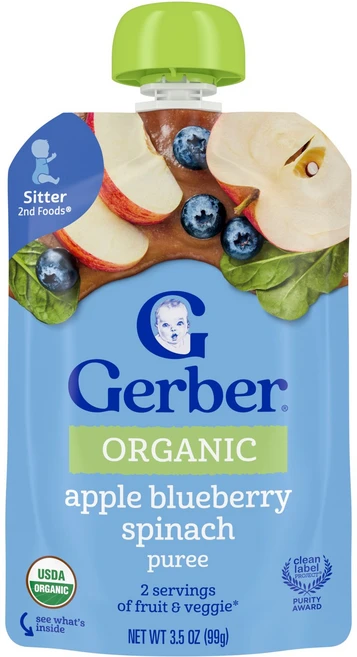 Gerber 유기농 퓨레 2nd Foods® 사과 블루베리 시금치 99g(3.5oz) Gerber (거버), Gerber, 유기농 퓨레, 2nd Foods®, 사 - 쿠팡
