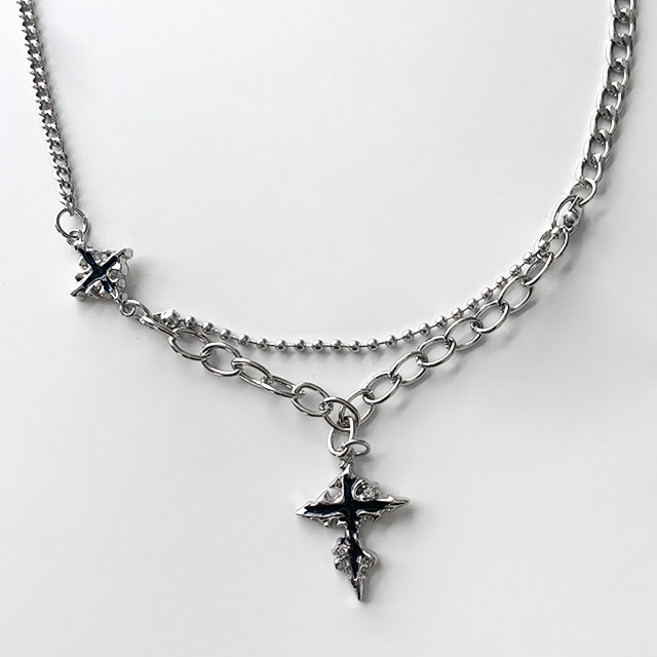 [유니크/빈티지/1col] 핸더 블랙 크로스 십자가 두줄 레이어드 체인 목걸이