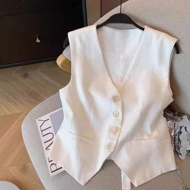 여성용 브이넥 린넨 베스트 여름 슬림핏 면마 나시 조끼 Women's Vest