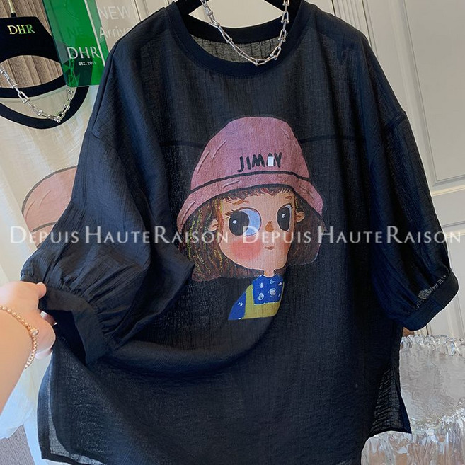 復古女孩泡泡袖寬鬆短袖上衣, 1個, 黑色2XL 建議130-150斤