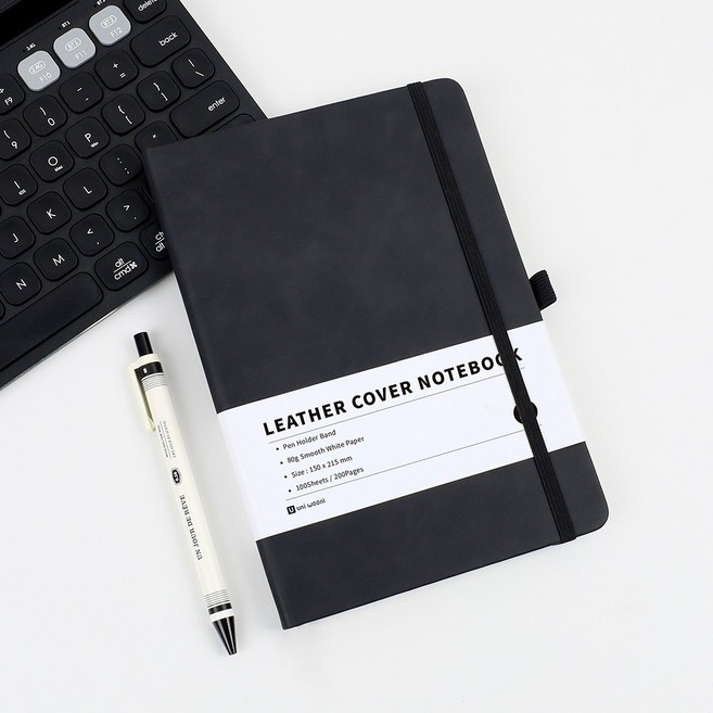 어니우니 A5 가죽 회사 업무용 노트 하드커버 만년 다이어리, 블랙