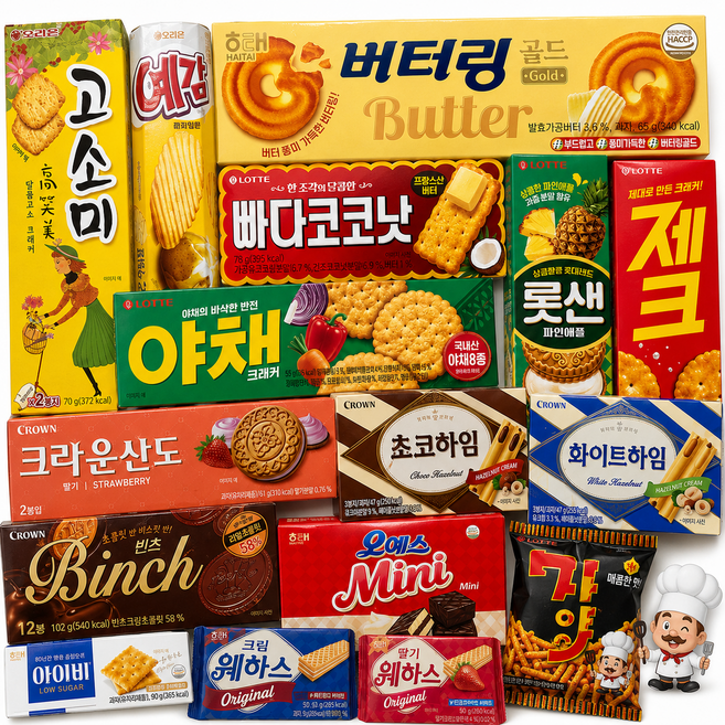 루시 사무실 과자 탕비실 간식 15+1종(고소미 예감 버터링골드 빠다코코넛 롯센 야채크래커 제크 크림웨하스 딸기웨하스 크라운산도 쵸코하임 화이트하임 빈츠등등), 1세트, 과자16종류