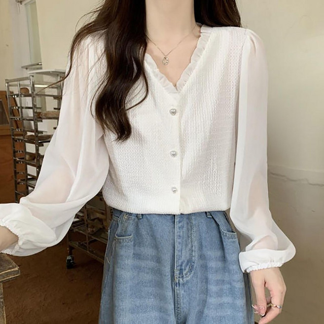 AURALA 여성 여름 예쁜 V넥 블라우스 여자 슬림핏 긴팔 셔츠