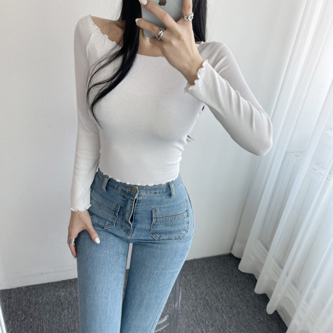 슬림핏 프릴 포인트 골지 오프숄더 보트 넥 긴팔 티 3컬러