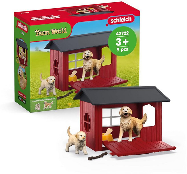 슐라이히 미국매장정품+ Schleich Farm World - 6피스 장난감 강아지 켄넬 놀이 세트 아동용 골든 리트리버 포함. 남아 및 여아용 농장 동물 장난감. 재미있는 개, 6PC Dog Kennel Playset.