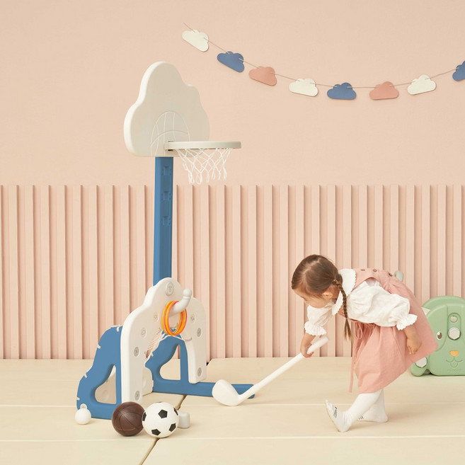 베네베네 클라우드 멀티플 유아 아기 농구대 (농구공1+축구공1+골프공2+링걸이1+링5+골프채1), 4in1, 블루 화이트