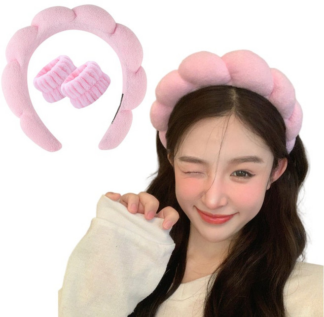 라워스 손목띠 뽀송뽀송 세안 헤어 밴드, 1개, 핑크