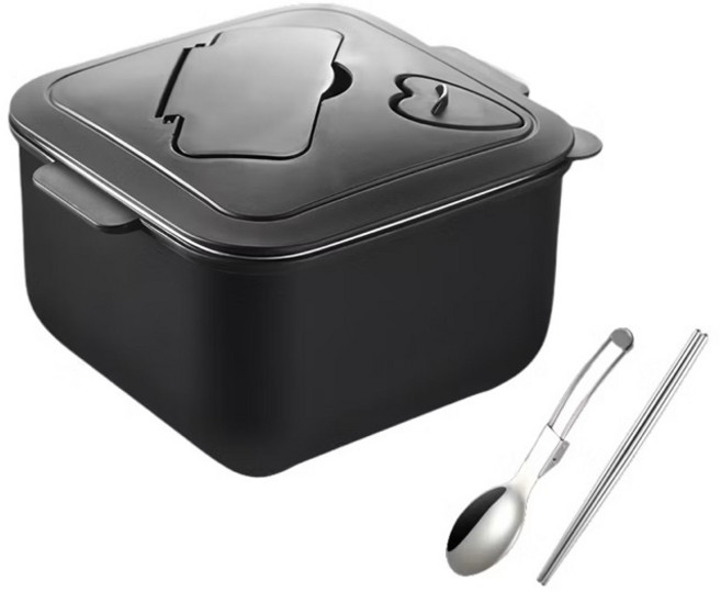 SIMEI 304不鏽鋼方形泡麵碗1500ml (可放2塊泡麵 附餐具組 SM-222), 黑色, 1個