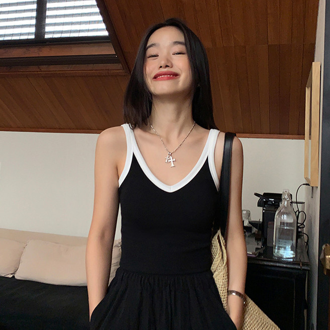 HA.M 여성 데일리 브이넥 일체형 노와이어 브라 나시 면 런닝 나시티