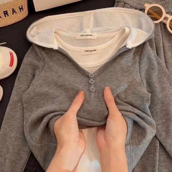 해피유통 여아 봄여름 캐주얼 후드세트 V넥 반팔 디자인 편안한 루즈 핏 바지디자인14세 이상