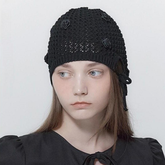 HALOPICK 로즈펀칭 레트로 크로셰 보넷 비니 모자