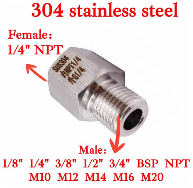 1/4 NPT 암 수 M10 12 1/8 3/8 BSP 육각 감속기 부싱 304 스테인레스 어댑터 압력 게 용 고압, 1l4 NPT Female, Female to Male, 1l4 BSPP Male, 1개