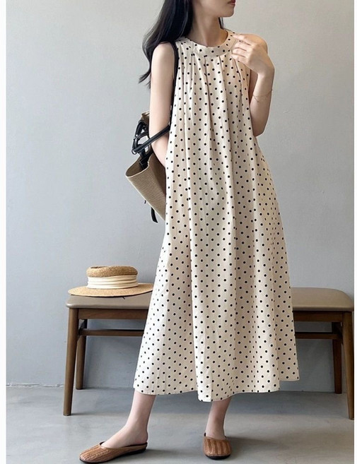 여성 원피스 여름 미디 도트 민소매 루즈핏 홀터넥 롱 스커트