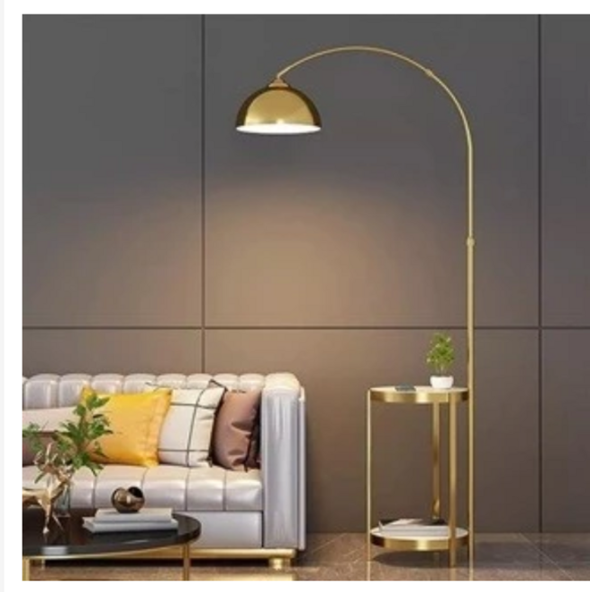 雨果燈飾 輕奢釣魚落地燈，附邊几茶几雙層收納，金色北歐風客廳臥室閱讀燈, 1個