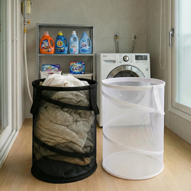 리빙어스 접이식 원형 메쉬 빨래바구니 대용량 60L 1+1, 블랙+화이트