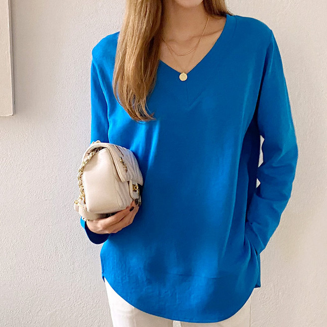 도희날다 국내제작 브이넥 빅사이즈 롱티셔츠 봄 가을 브이넥 티셔츠B2000