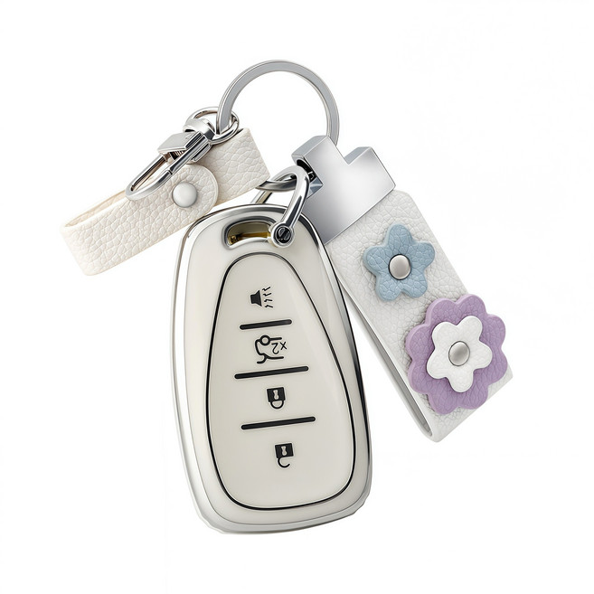 OFFCURVE 쉐보레 말리부 트래버스 이쿼녹스 4버튼 TPU 풀커버 스마트 키케이스, 실버+데코