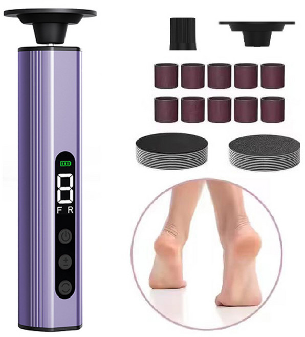 2in1 무선 전동 발각질 제거기 발바닥 뒤꿈치 굳은살제거 전동멀티케어 C-type 전동 네일 파일 LCD 디스플레이 & 9단계 조절, 1세트, 자주색